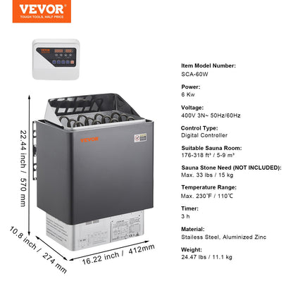 6KW Elektrisk Bastuvärmare Spis Digital Controller för 5-9 m³ Home Spa