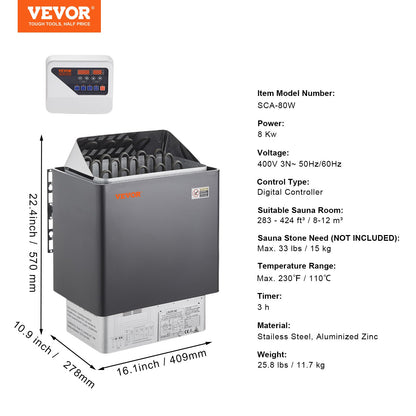 8KW Elektrisk Bastuvärmare Spis Digital Controller för 8-12 m³ Home Spa