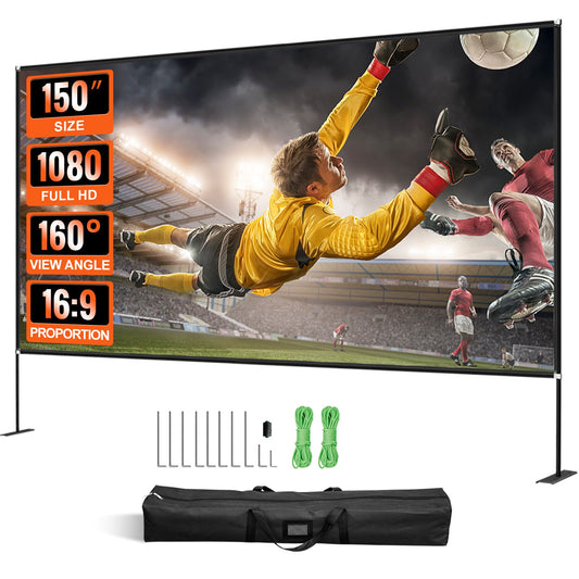 Utomhusfilmduk med stativ, 150" bärbar filmduk, 16:9 HD-vidvinkel utomhusprojektorduk, front- och bakprojektion, med förvaringsväska och stativ för kontorshemmabio utomhusbruk inomhusbruk
