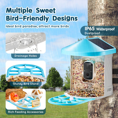 Smart Bird Feeder med kamera 2K HD AI Identifiera fågelarter Soldriven