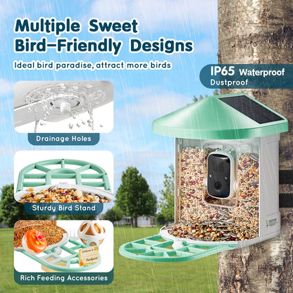 Smart Bird Feeder med kamera 2K HD AI Identifiera fågelarter Soldriven