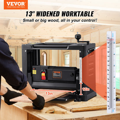 Planhyvel tjocklekshyvel enkelhastighet 13" bredd arbetsbordshyvel tvåbladig 15-Amp 1800W Kraftfull motor 12" förlängt inmatningsbord lågt ljud