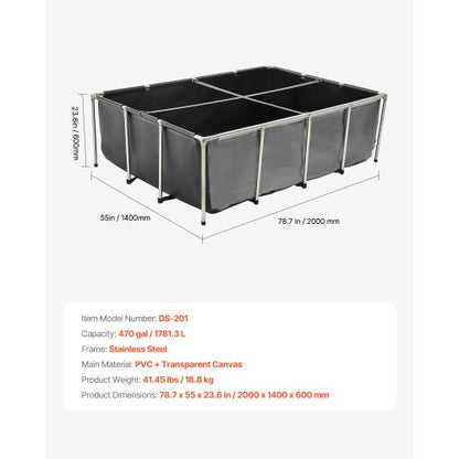 Canvas Fish Pond Above Ground Koi Aquarium 470 Gallon with Transparent Panel