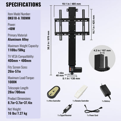 Motorized TV Lift Stroke 28 inches Motorized TV Mount Fits 26-57 inch TV Lift with Remote Control Height Adjustable 28 inches Load Capacity 132 Lbs