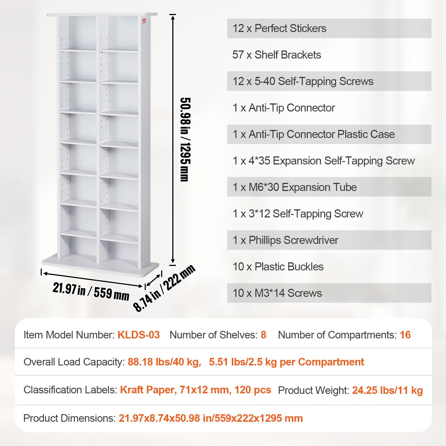 Media Storage Cabinet 8 Lager Justerbara DVD-hyllor Rymmer 464 CD-skivor Vita