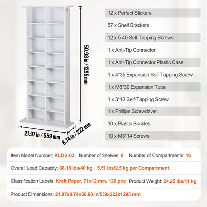Media Storage Cabinet 8 Lager Justerbara DVD-hyllor Rymmer 464 CD-skivor Vita