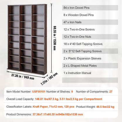 Media Storage Cabinet 9 Layers Adjustable DVD Shelves 756 CDs Espresso