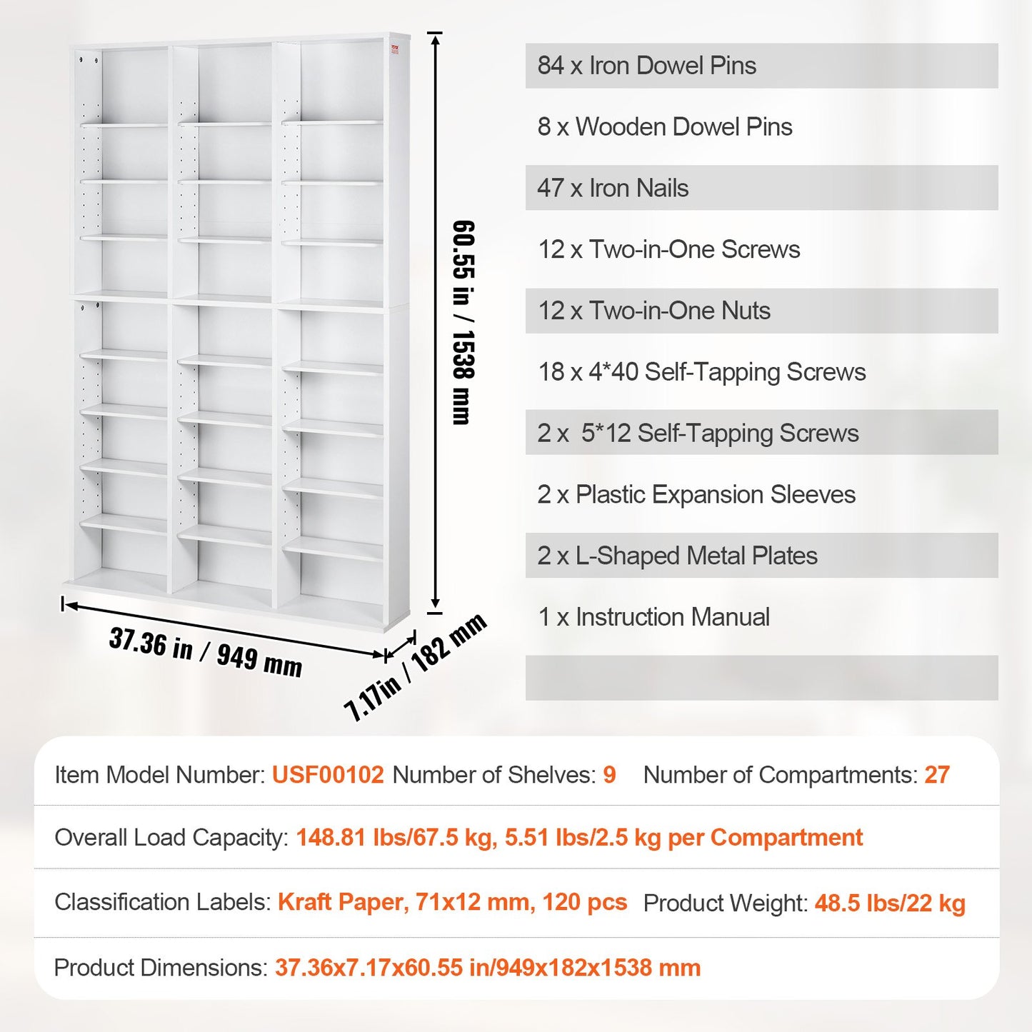 Media Storage Cabinet 9 lager Justerbara DVD-hyllor Rymmer 756 CD-skivor Vita