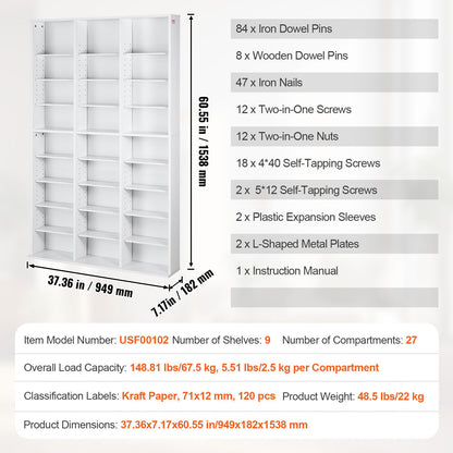 Media Storage Cabinet 9 lager Justerbara DVD-hyllor Rymmer 756 CD-skivor Vita