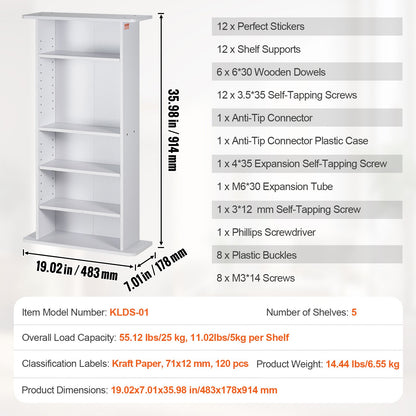 Media Storage Cabinet 5 lager Justerbara DVD-hyllor Rymmer 240 CD-skivor Vita