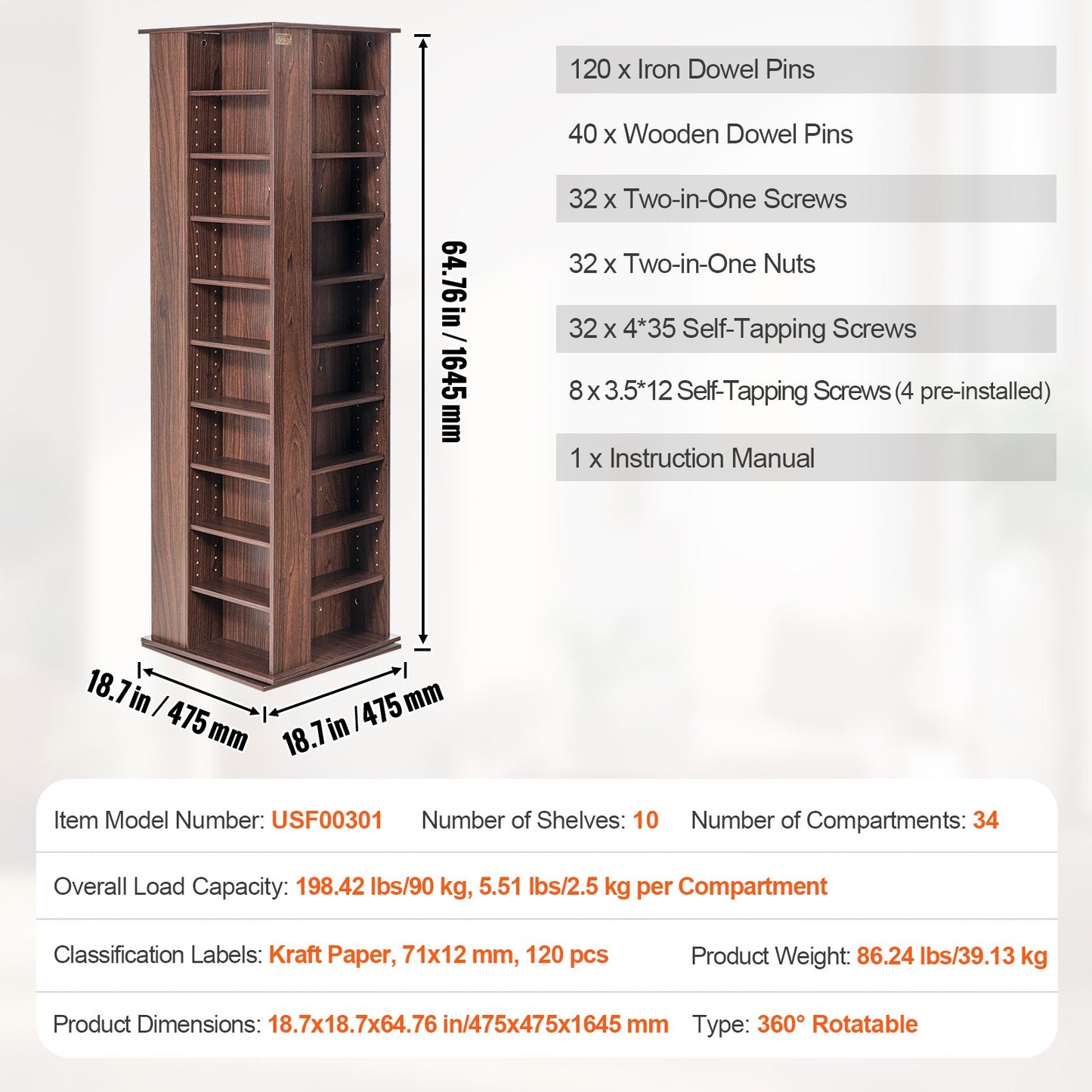 Spinning Media Tower 4-Sided Revolving Media Tower 1040 CDs Espresso