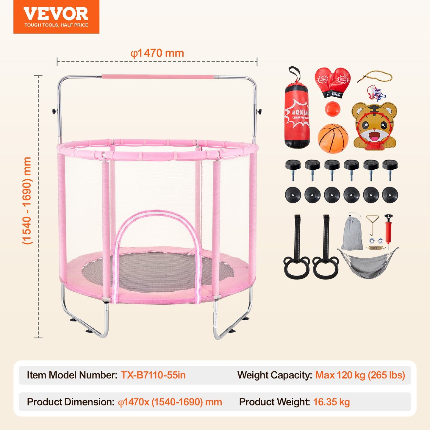 55" Trampoline for Kids Mini Toddler Trampoline with Net Indoor Outdoor
