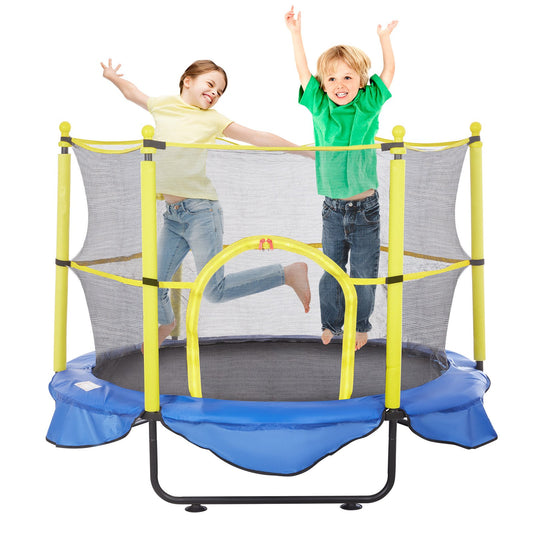 5FT studsmatta för barn, 60-tums utomhusstudsmatta med skyddsnät, basketbåge och havsbollar, födelsedagspresenter för småbarns studsmatta för 3+ år barn