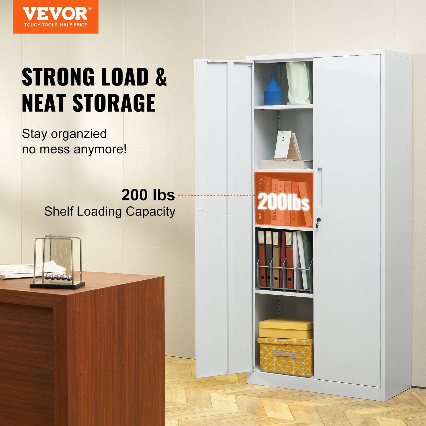 Metal Storage Cabinet, Steel Locking Storage Cabinet with 2 Magnetic Doors and 4 Adjustable Shelves, 71'' Metal Cabinet 200 lbs Capacity Per Shelf with 3 Keys, for Office, Home, Garage, White
