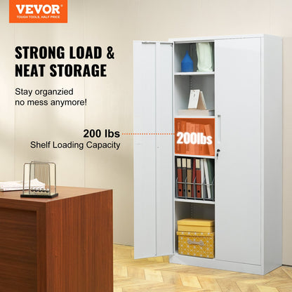 Metal Storage Cabinet, Steel Locking Storage Cabinet with 2 Magnetic Doors and 4 Adjustable Shelves, 71'' Metal Cabinet 200 lbs Capacity Per Shelf with 3 Keys, for Office, Home, Garage, White