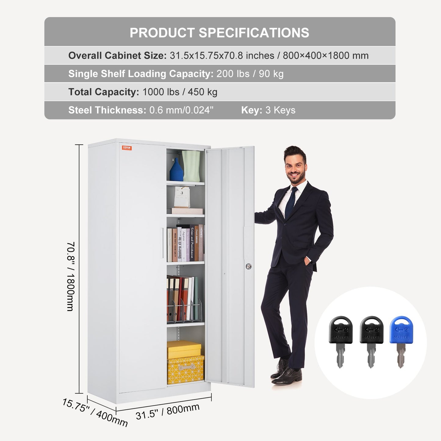 Metal Storage Cabinet, Steel Locking Storage Cabinet with 2 Magnetic Doors and 4 Adjustable Shelves, 71'' Metal Cabinet 200 lbs Capacity Per Shelf with 3 Keys, for Office, Home, Garage, White