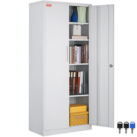 Metal Storage Cabinet, Steel Locking Storage Cabinet with 2 Magnetic Doors and 4 Adjustable Shelves, 71'' Metal Cabinet 200 lbs Capacity Per Shelf with 3 Keys, for Office, Home, Garage, White