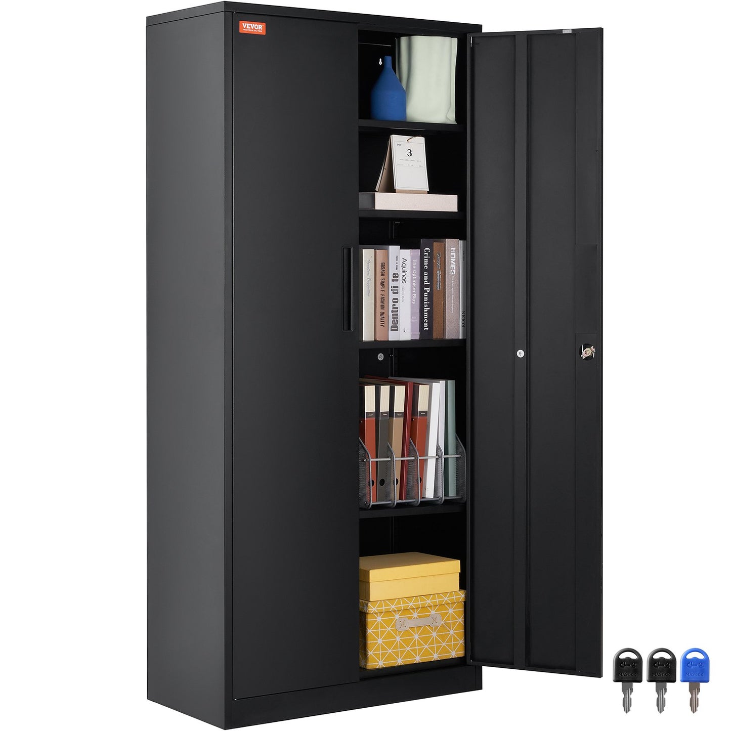 Metal Storage Cabinet, Steel Locking Storage Cabinet with 2 Magnetic Doors and 4 Adjustable Shelves, 71'' Metal Cabinet 200 lbs Capacity Per Shelf with 3 Keys, for Office, Home, Garage, Black