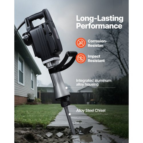 Rivningshammare, 2800 W kraftfull elektrisk tryckluftshammare, 1200 slag/min betongbrytare med 3 mejslar, en lerspade, bärväska, handskar, för betong, väggar, tegel, kakel och grund |  EU