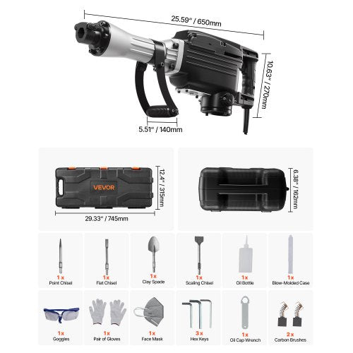 Rivningshammare, 2800 W kraftfull elektrisk tryckluftshammare, 1200 slag/min betongbrytare med 3 mejslar, en lerspade, bärväska, handskar, för betong, väggar, tegel, kakel och grund |  EU