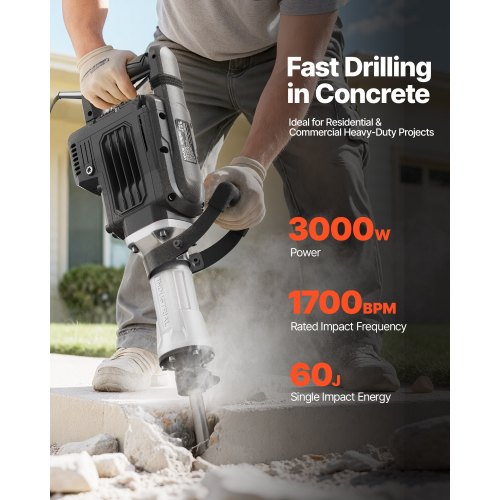 Rivningshammare, 3000 W kraftfull elektrisk tryckluftshammare, 1700 slag/min betongbrytare med spetsmejsel, bärväska, handskar, skyddsglasögon, för betong, vägg, tegel, kakel och grund |  EU