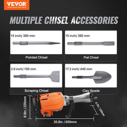 Demolition Jack Hammer Betongbrytare 2200W elektrisk hammare 4 mejselbitar