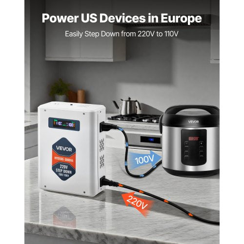 Steg-ned-spänningsomvandlare, 3000VA, Kraftig spänningsomvandlare, 220V till 110V transformator, med 2 US-uttag, USB-utgång, LCD-display, temperaturskydd, för 110V-apparater |  EU