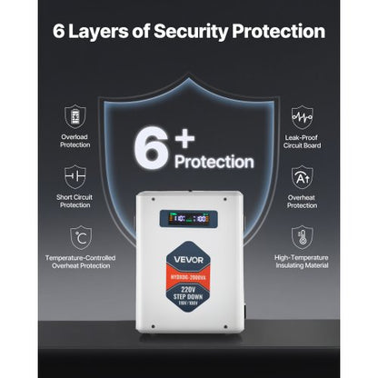 Steg-down spänningsomvandlare, 2000VA, Kraftig spänningsomvandlare, 220V till 110V transformator, med 2 US-uttag, USB-utgång, LCD-display, temperaturskydd, för 110V-apparater |  EU