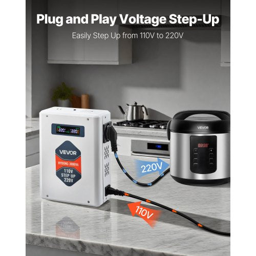 Spänningsomvandlare, 3000VA, Kraftig spänningsomvandlare, 110V till 220V transformator, med 2 EU-uttag, USB-utgång, LCD-display, temperaturskydd, för 220V-apparater |  EU