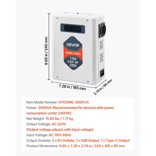Spänningsomvandlare, 3000VA, Kraftig spänningsomvandlare, 110V till 220V transformator, med 2 EU-uttag, USB-utgång, LCD-display, temperaturskydd, för 220V-apparater |  EU
