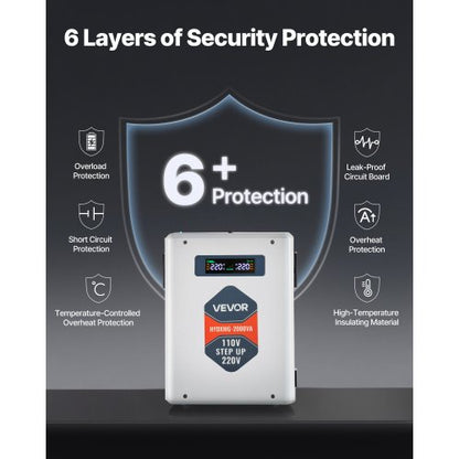 Spänningsomvandlare, 2000VA, Kraftig spänningsomvandlare, 110V till 220V transformator, med 2 EU-uttag, USB-utgång, LCD-display, temperaturskydd, för 220V-apparater |  EU