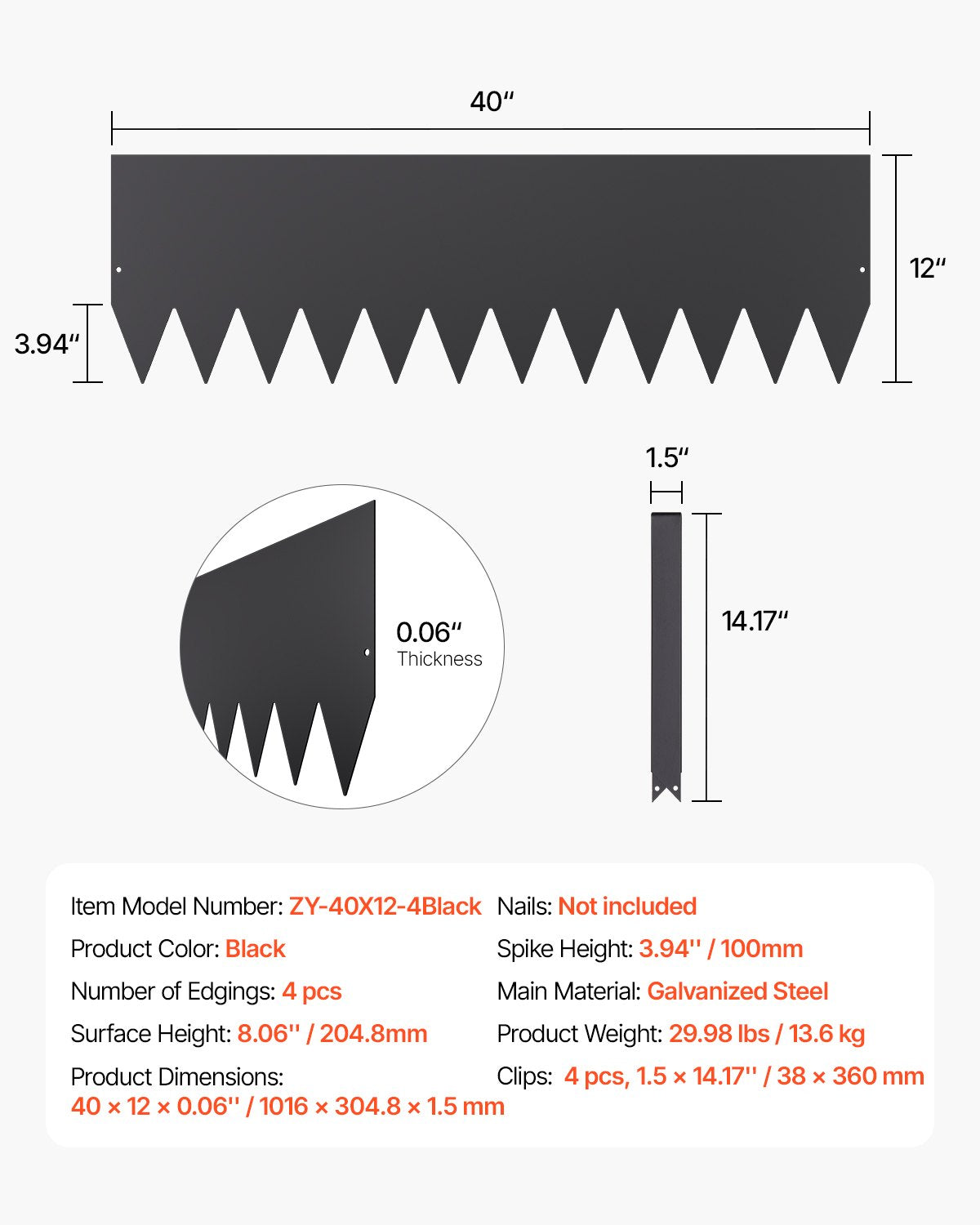 Stål Landskapskant 4-pack 40 x 12 tum Rostbeständig Pathway Divider