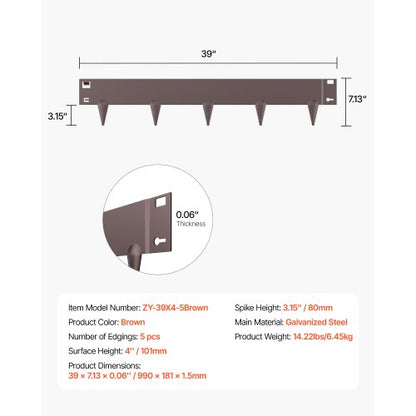 Stålkantlist 5-pack 91 x 10 cm Rostbeständig för trädgården Brun |  EU