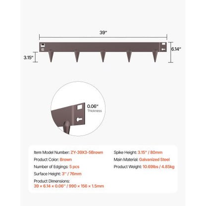Stålkantlist 5-pack 91 x 7,5 cm Rostbeständig för trädgården Brun |  EU