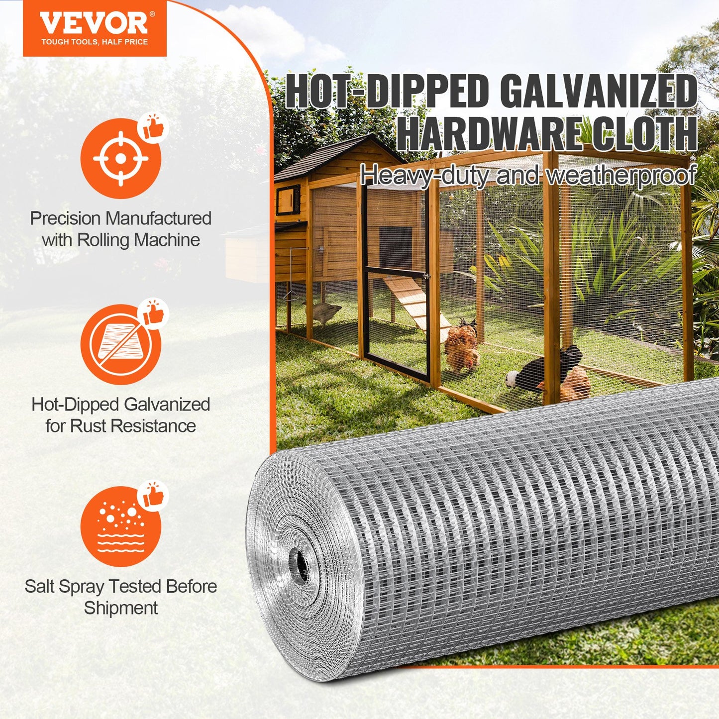 Hardware Cloth, 1/2 Inch 24 Inch x 100 Feet 19 Gauge, Hot Dipped Galvanized Wire Mesh Roll, Chicken Wire Fence, Wire Mesh for Rabbit Cages, Garden, Small Rodents