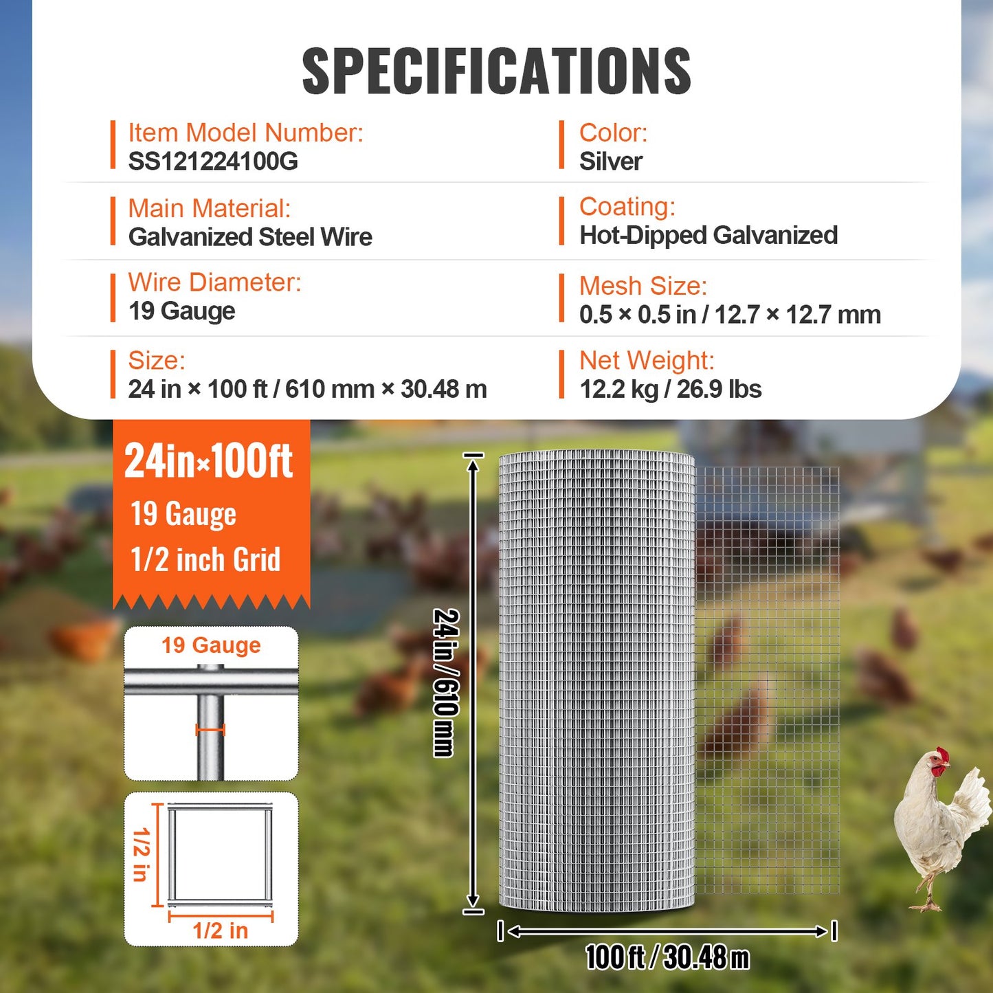 Hardware Cloth, 1/2 Inch 24 Inch x 100 Feet 19 Gauge, Hot Dipped Galvanized Wire Mesh Roll, Chicken Wire Fence, Wire Mesh for Rabbit Cages, Garden, Small Rodents