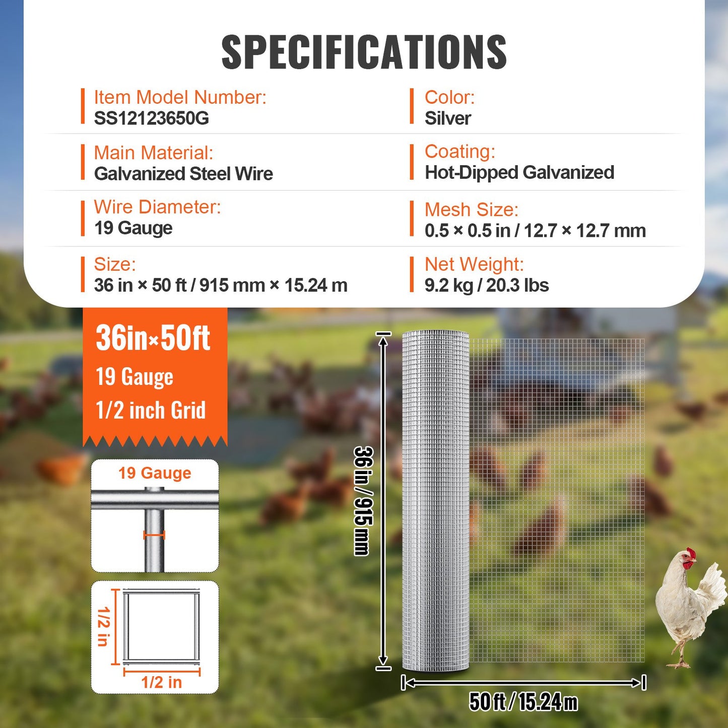Hardware-Tuch 1/2" 36 Zoll x 50 Fuß 19 Ga Drahtgeflecht Rolle Hühnerdrahtzaun