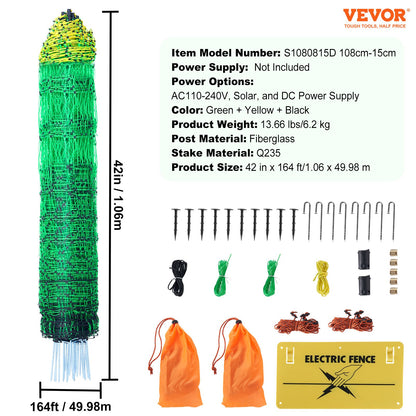 Elektrozaunnetz, 107 cm H x 413 cm L, PE-Maschenzaun mit Pfosten und Doppelspitzen, tragbares Netz für Ziegen, Schafe, Lämmer, Hirsche, Schweine, Hunde, zur Verwendung in Hinterhöfen, auf Bauernhöfen und Ranches