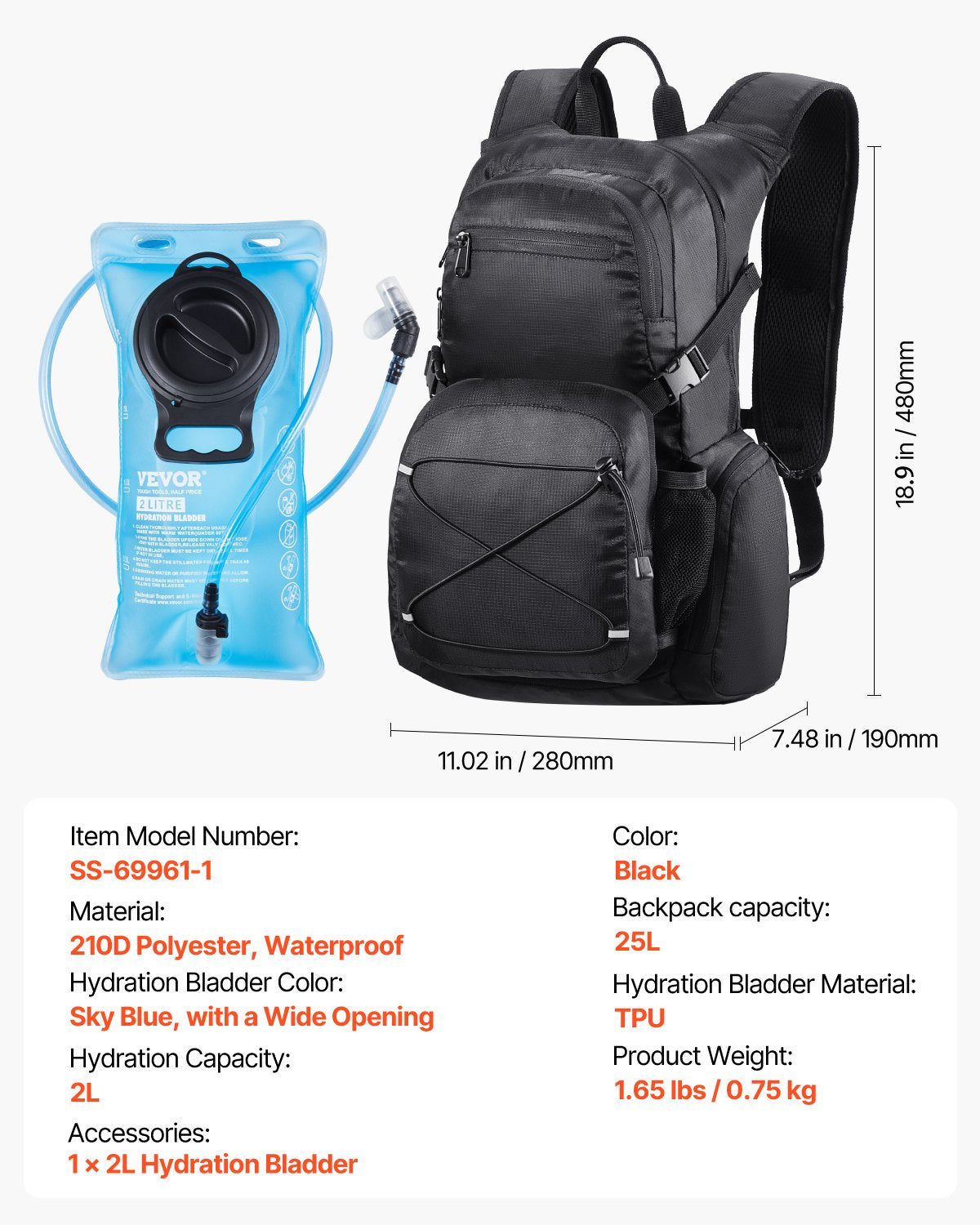 Hydration Pack Backpack 2L TPU Water Bladder Cycling Hiking Running Camping