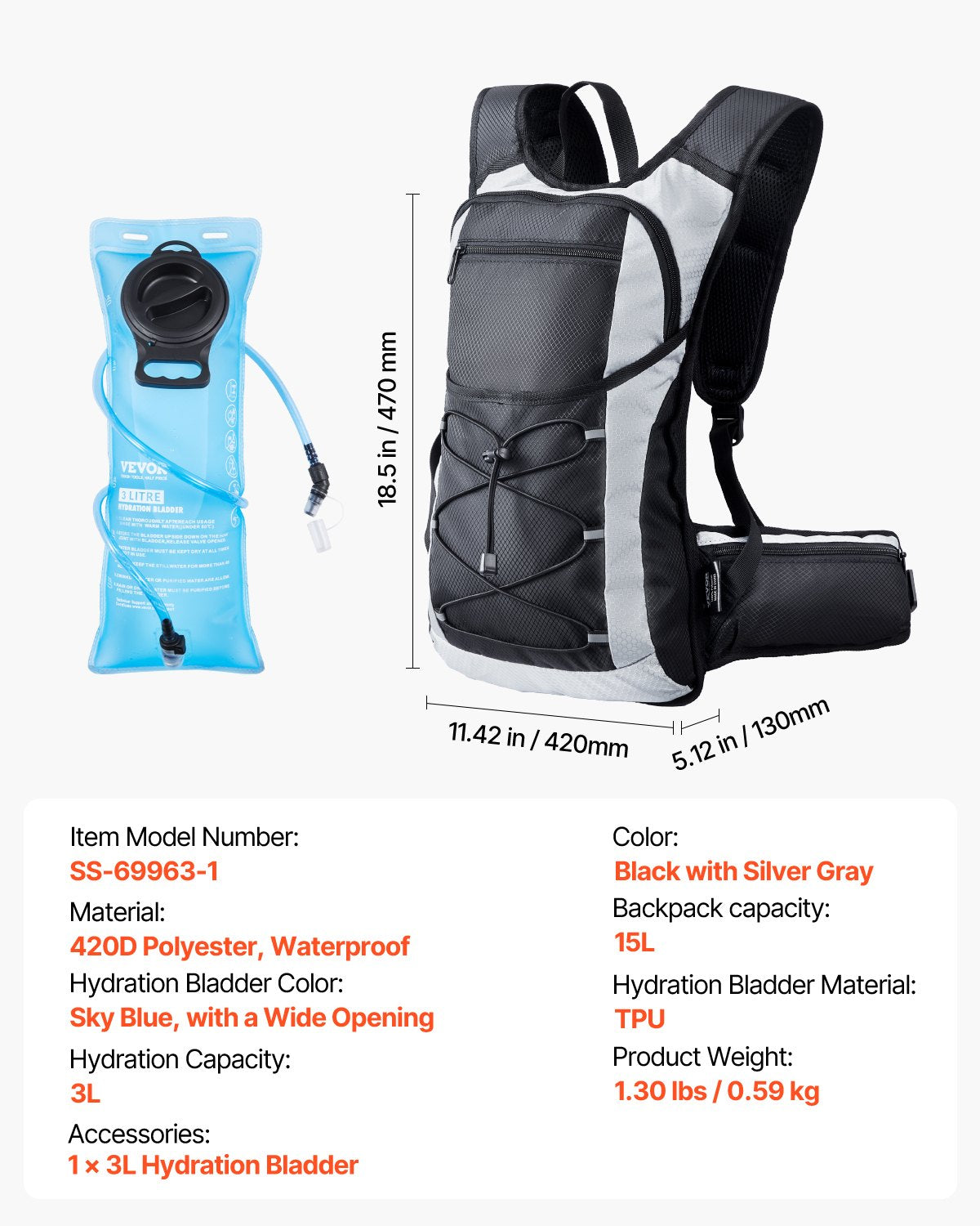 Hydration Pack Backpack 3L TPU Water Bladder Cycling Hiking Running Camping