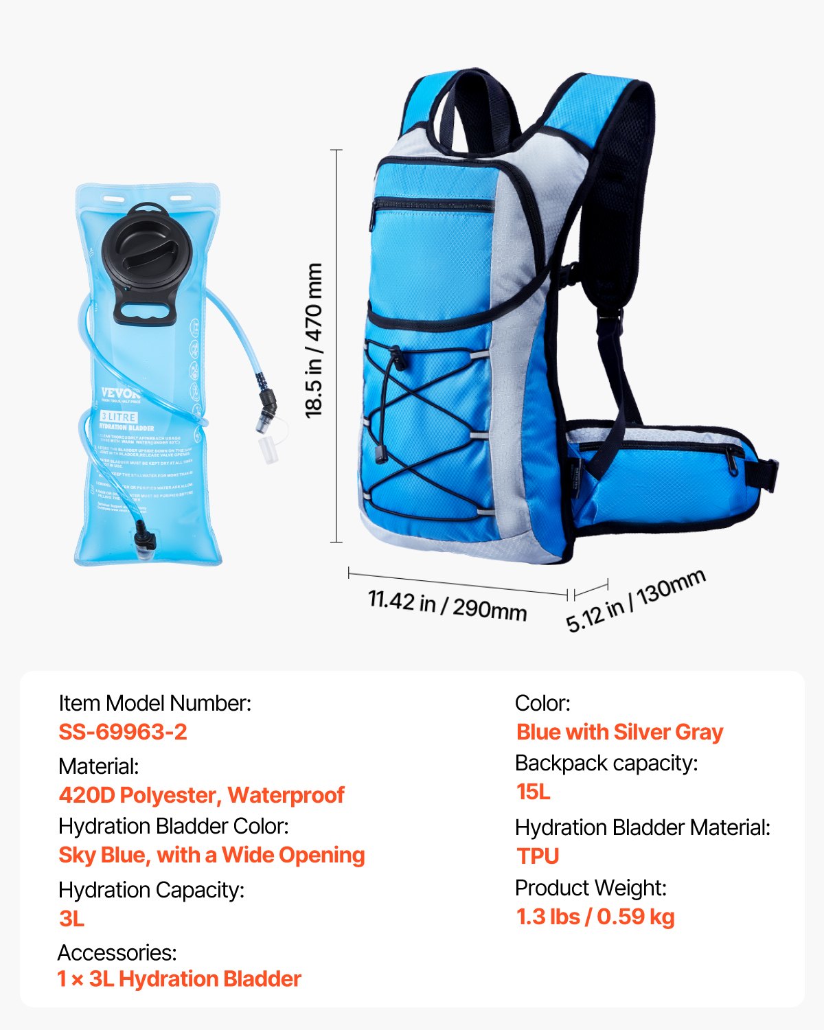 Hydration Pack Backpack 3L TPU Water Bladder Cycling Hiking Running Camping