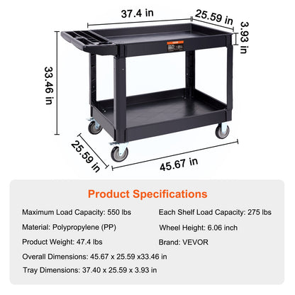 Utility Service Cart, 2 Shelves 550LBS Heavy Duty Plastic Roll Utility Cart with 360° Swivel Wheels (2 with Brakes), Large Lipped Shelf, Ergonomic Storage Handle for Warehouse/Garage/Cleaning