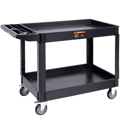Utility Service Cart, 2 Shelves 550LBS Heavy Duty Plastic Roll Utility Cart with 360° Swivel Wheels (2 with Brakes), Large Lipped Shelf, Ergonomic Storage Handle for Warehouse/Garage/Cleaning