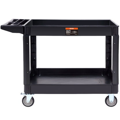 Utility Service Cart, 2 Shelves 550LBS Heavy Duty Plastic Roll Utility Cart with 360° Swivel Wheels (2 with Brakes), Large Lipped Shelf, Ergonomic Storage Handle for Warehouse/Garage/Cleaning