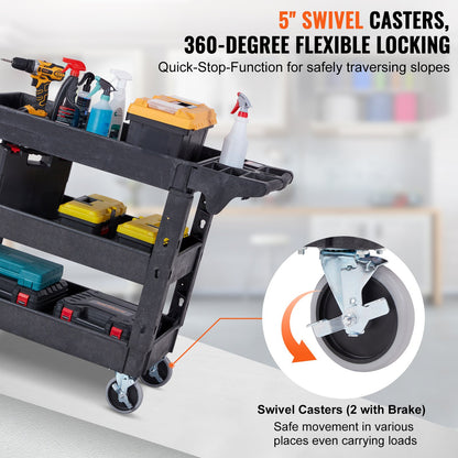 Utility Service Cart, 3 hyllor 550LBS Heavy Duty Plast Roll Utility Cart med 360° svängbara hjul (2 med bromsar), Medium Läpp Hylla, Ergonomiskt förvaringshandtag för lager/garage/rengöring