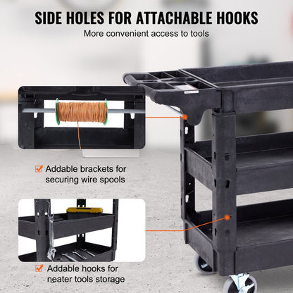 Utility Service Cart, 3 hyllor 550LBS Heavy Duty Plast Roll Utility Cart med 360° svängbara hjul (2 med bromsar), Medium Läpp Hylla, Ergonomiskt förvaringshandtag för lager/garage/rengöring
