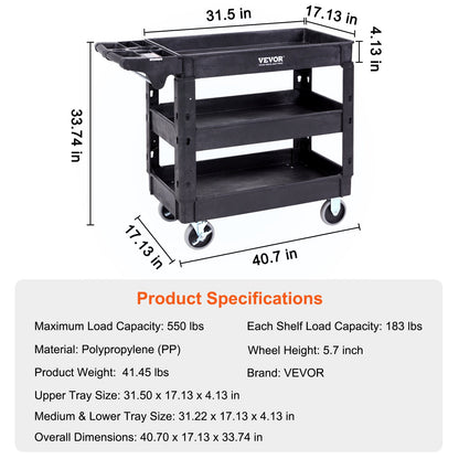 Utility Service Cart, 3 hyllor 550LBS Heavy Duty Plast Roll Utility Cart med 360° svängbara hjul (2 med bromsar), Medium Läpp Hylla, Ergonomiskt förvaringshandtag för lager/garage/rengöring