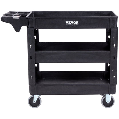 Utility Service Cart, 3 hyllor 550LBS Heavy Duty Plast Roll Utility Cart med 360° svängbara hjul (2 med bromsar), Medium Läpp Hylla, Ergonomiskt förvaringshandtag för lager/garage/rengöring