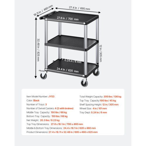 Servicevagn med 3 hyllor 136 kg 64 x 48 cm med hjul |  EU