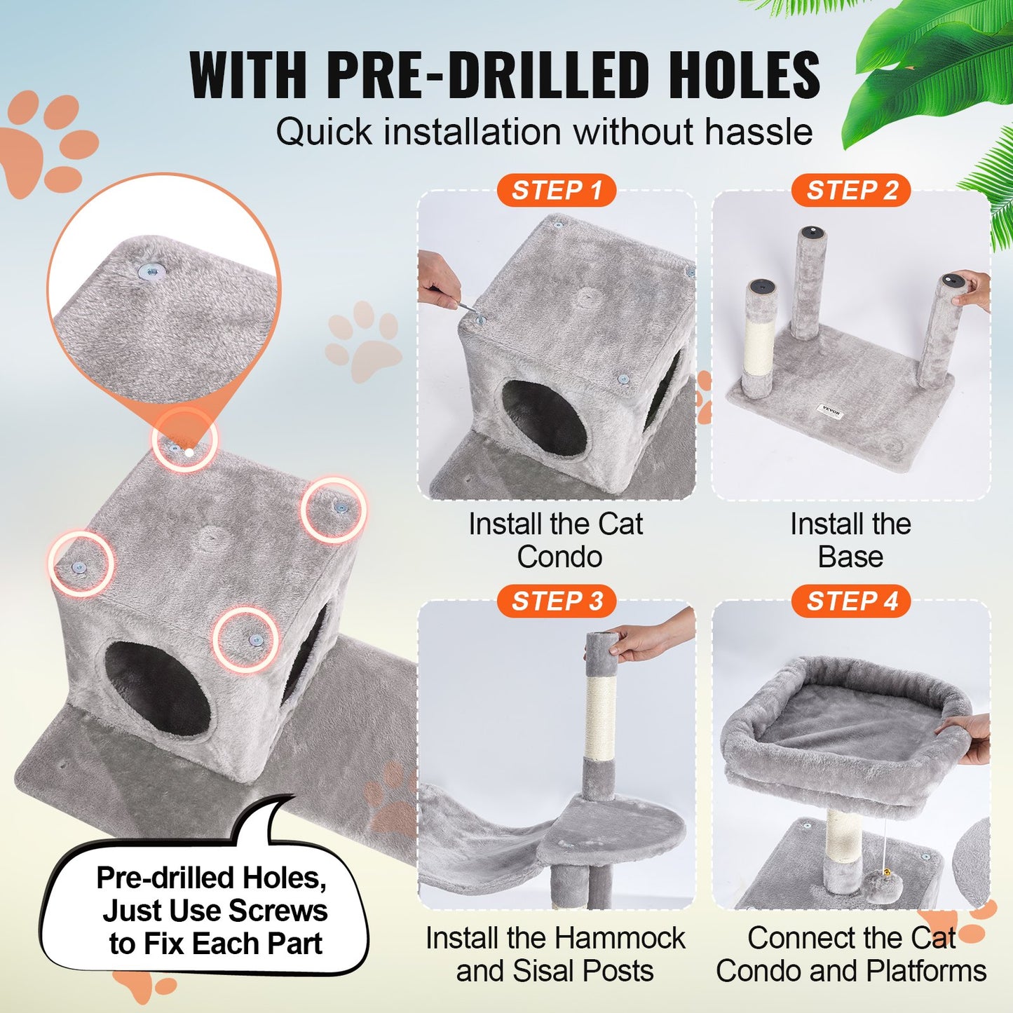 Cat Tree 56.2" Cat Tower with Cat Condo Sisal Scratching Post Light Gray